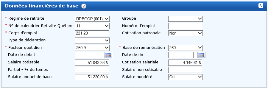 Exemple − Partie des données financières de la déclaration annuelle régularisée