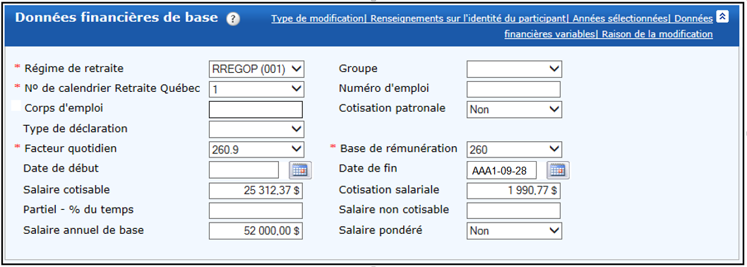 Exemple: Emploi 1 − Parties des données financières des déclarations annuelles avant la régularisation
