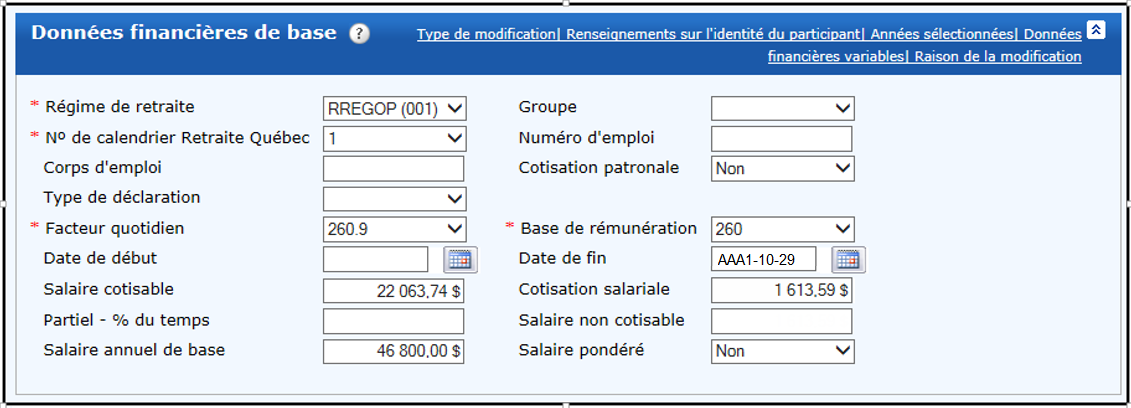 Exemple: Emploi 1 − Parties des données financières des déclarations annuelles avant la régularisation