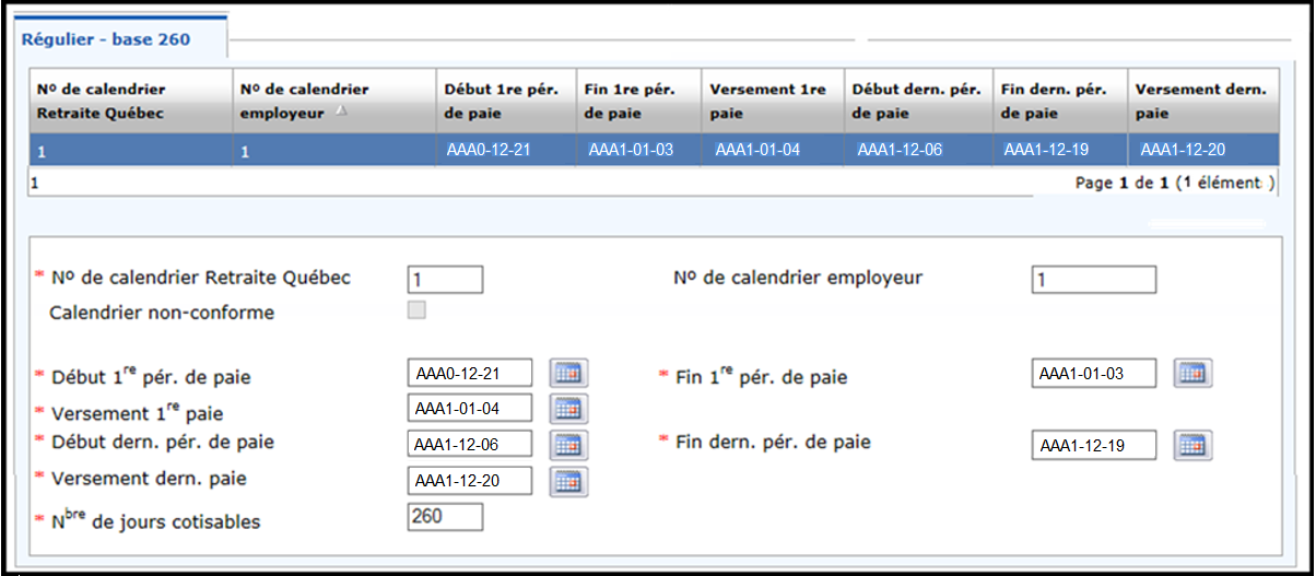 Exemple: Emploi 1 − Parties des données financières des déclarations annuelles avant la régularisation