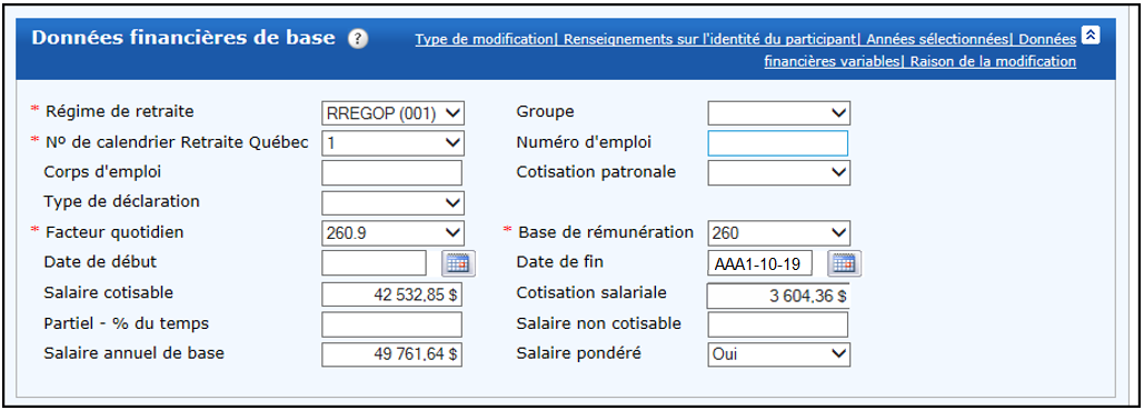Exemple − Partie des données financières de la déclaration annuelle régularisée