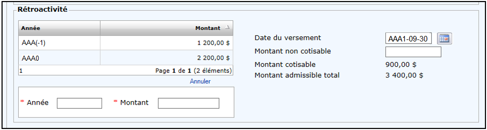 Rétroactivité − Emploi 1 – Parties des données financières des déclarations annuelles avant la régularisation