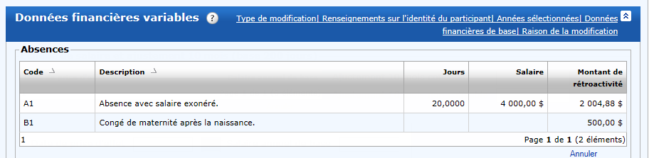 Données financières variables − Partie des données financières de la déclaration annuelle régularisée