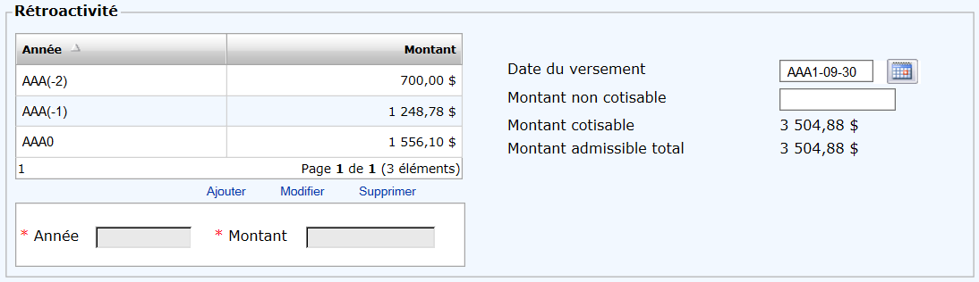 Rétroactivité − Partie des données financières de la déclaration annuelle régularisée