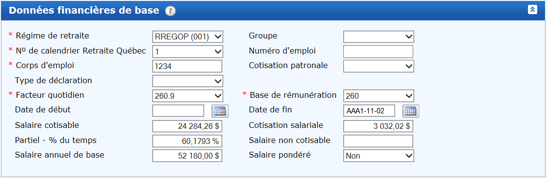 Données financières de base − Emploi 1 − Parties des données financières des déclarations annuelles
