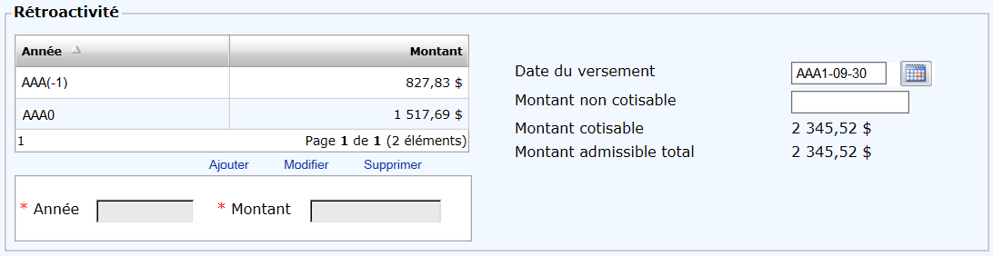 Rétroactivité − Emploi 1 − Parties des données financières des déclarations annuelles