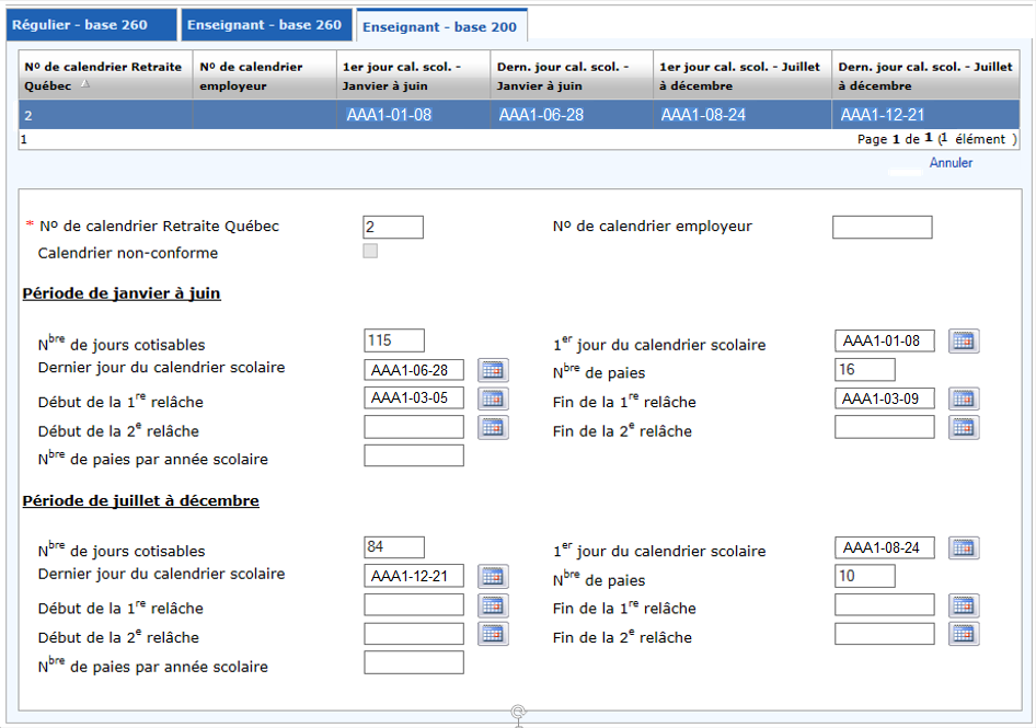 Calendrier de paie du personnel enseignant – Base de rémunération de 200 jours