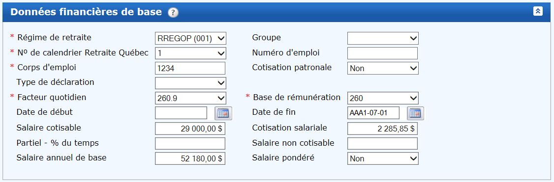 Données financières de base − Emploi 1 − Parties des données financières des déclarations annuelles