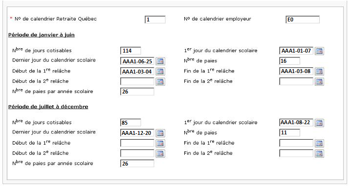 Exemple 2 : Calendrier de paie de l'année AAA1 pour le secteur de l'enseignement primaire et secondaire, avec 27 paies dans l'année civile