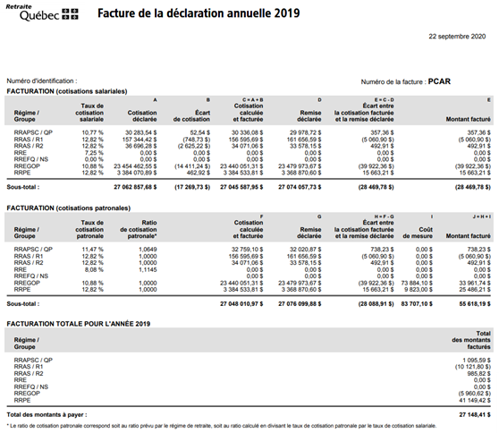 Facture de la déclaration annuelle 2019