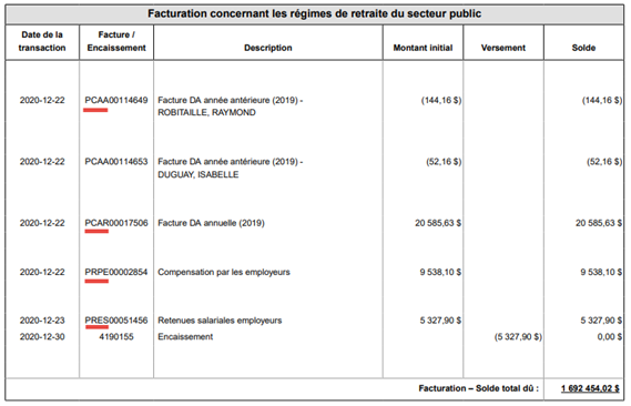 Facturation concernant les régimes de retraite du secteur public