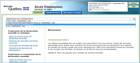 Sélectionner le ministère ou l'organisme concerné par la modification
