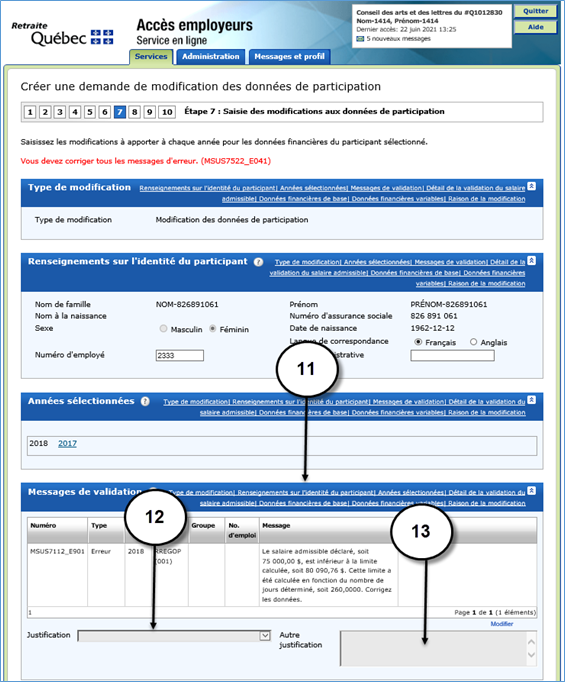Étape 7 - Saisie des modifications à apporter aux données de participation - Point 13