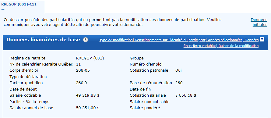 Étape 7 - Saisie des modifications à apporter aux données de participation - Point 13 - Message modification impossible