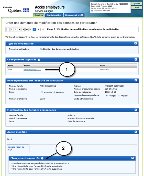 Étape 8 - Vérification des modifications à apporter aux données de participation - Point 2a