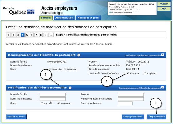 Étape 4 - Modification des données personnelles