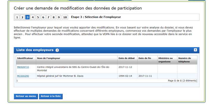 Sélection de l'employeur (étape optionnelle)