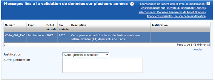 Messages liés à la validation de données sur plusieurs années