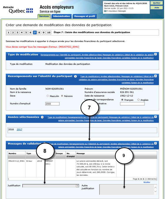 Section Messages de validation